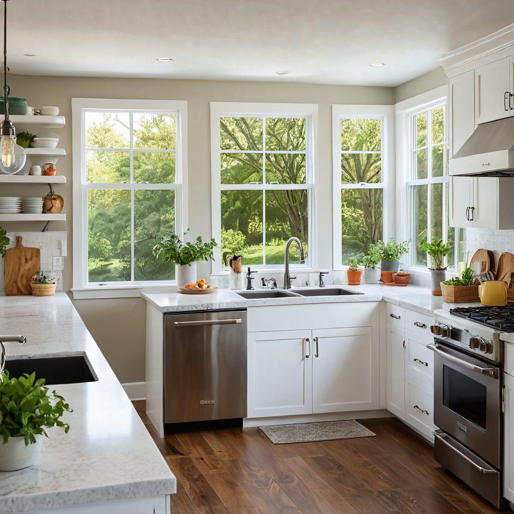 A bright and inviting kitchen showcasing an array of modern energy-efficient appliances, highlighted with energy star labels. Include a cheerful family interacting with the appliances, exuding a sense of ease and comfort. The background features a sunny window with greenery outside, symbolizing sustainability. Soft lighting adds a warm ambiance, emphasizing the concept of energy savings. vibrant colors. super-realistic.