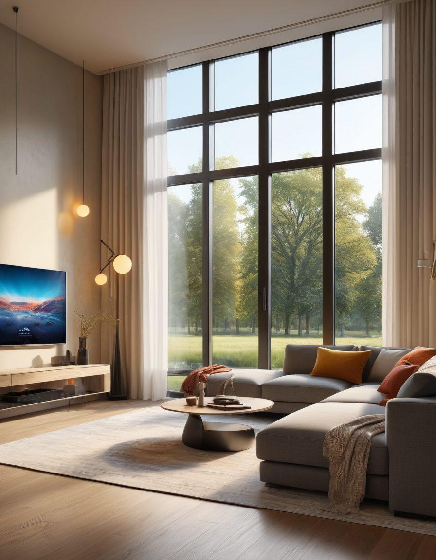 A futuristic smart home interior showcasing various innovative devices like smart lights, a digital assistant, and automated curtains, all seamlessly integrated into a cozy living space. The design should highlight elements of efficiency and comfort, with a sleek, modern aesthetic and vibrant colors that convey a sense of advanced technology. Include natural light streaming through large windows to enhance the atmosphere. hyper-realistic. vibrant colors. cozy ambiance.