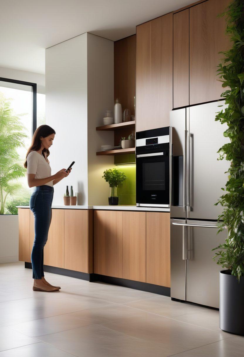 A modern kitchen filled with sleek smart appliances like a refrigerator, oven, and dishwasher, all connected through digital displays showcasing energy efficiency metrics. The scene is illuminated with soft, ambient lighting to highlight the futuristic design and innovative features. A person is adjusting settings on a smartphone, emphasizing the convenience of technology. Green plants in the background symbolize eco-friendliness. super-realistic. vibrant colors. modern interior design.